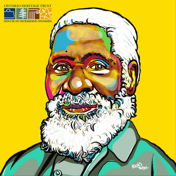 A painting of Josiah Henson in bright colours, with the Ontario Heritage Trust logo in the upper left corner. 
