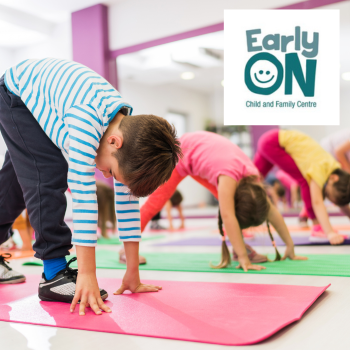 A picture of kids stretching with the EarlyON logo